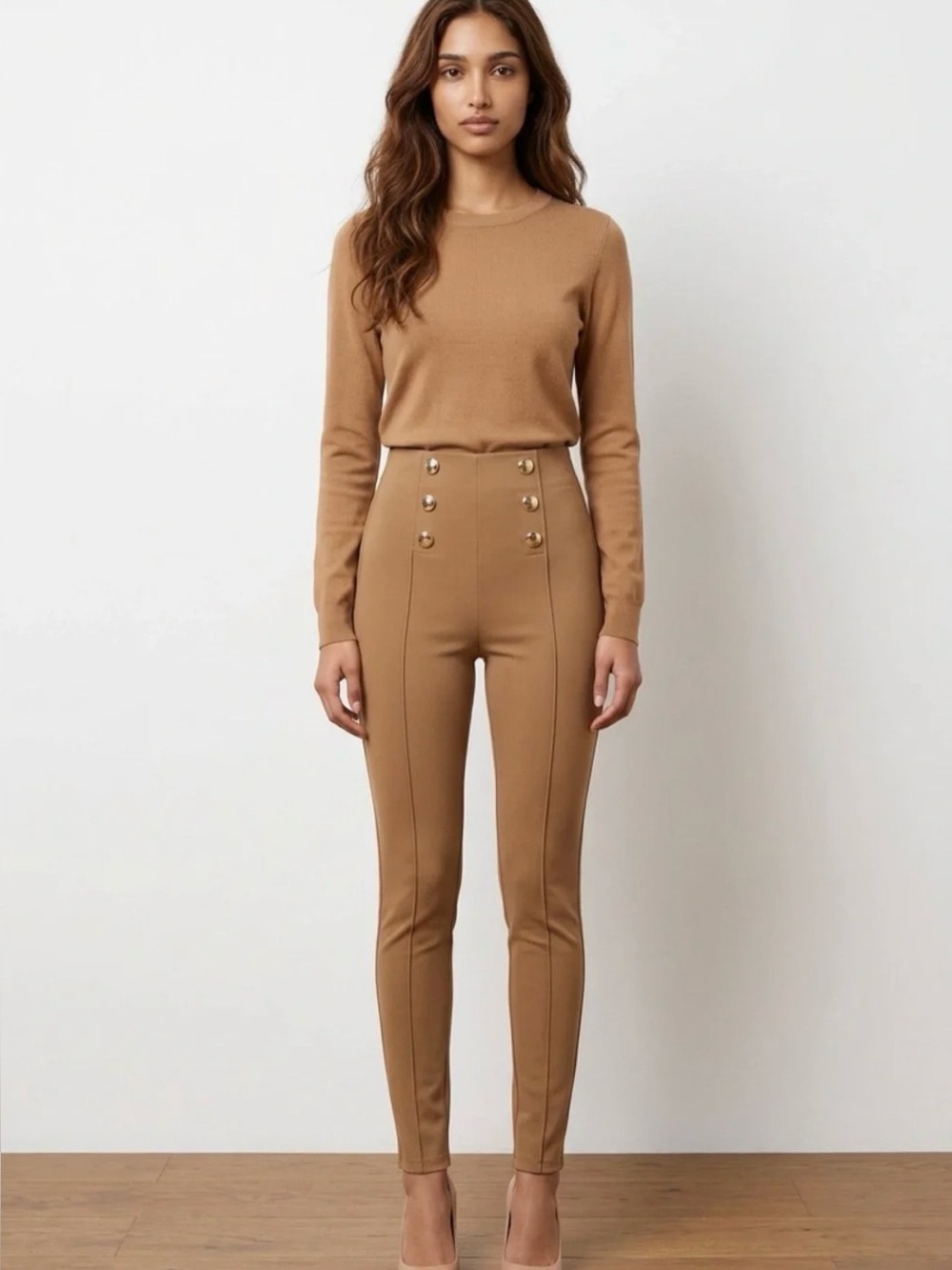 Zara Tan High-Waist Ponte Leggings with Gold Buttons